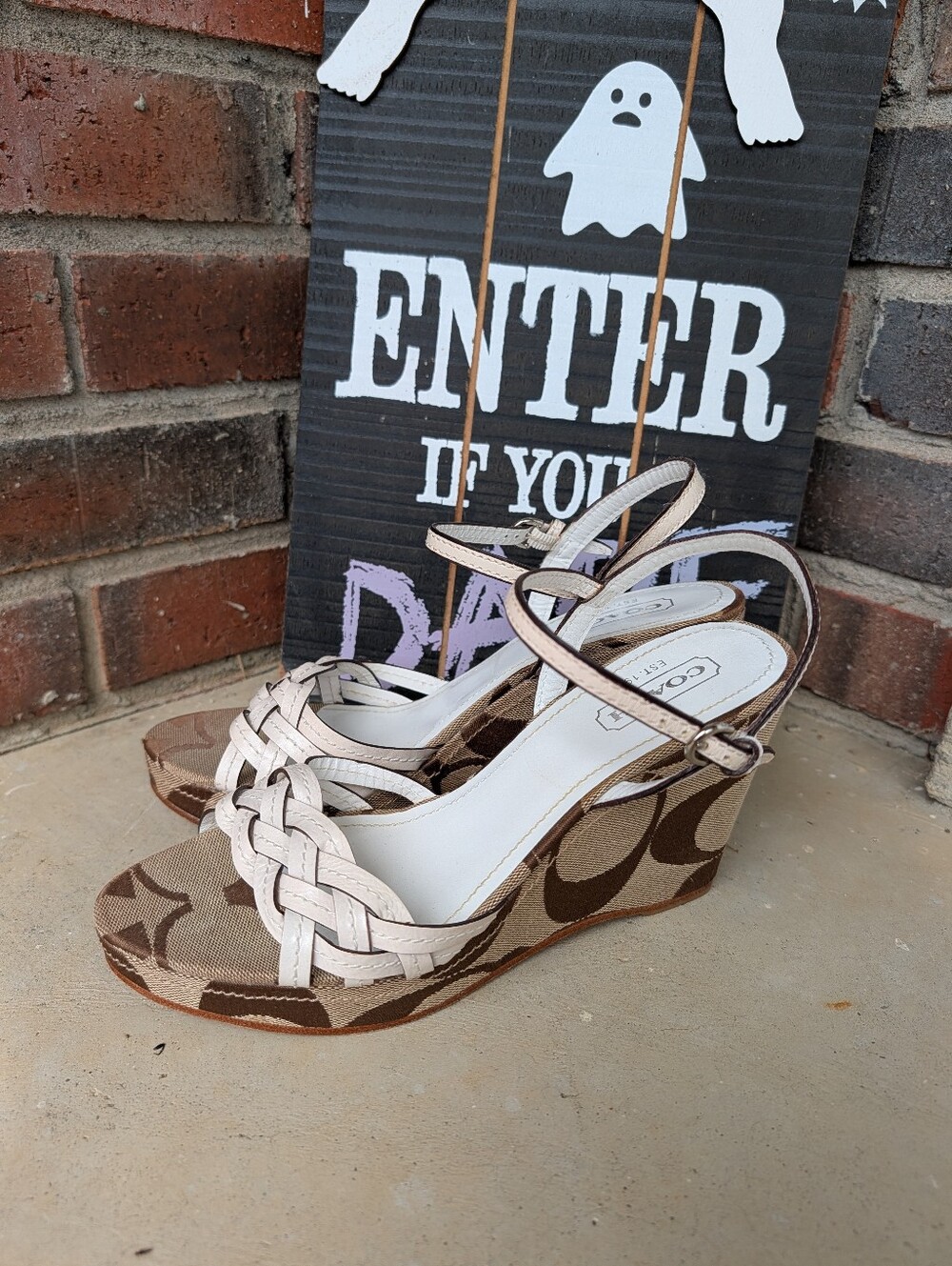 🍁 Vintage Y2K Coach Rose Genuine Leather Signature Canvas Braided Wedge Sandals - Picture 2 of 15